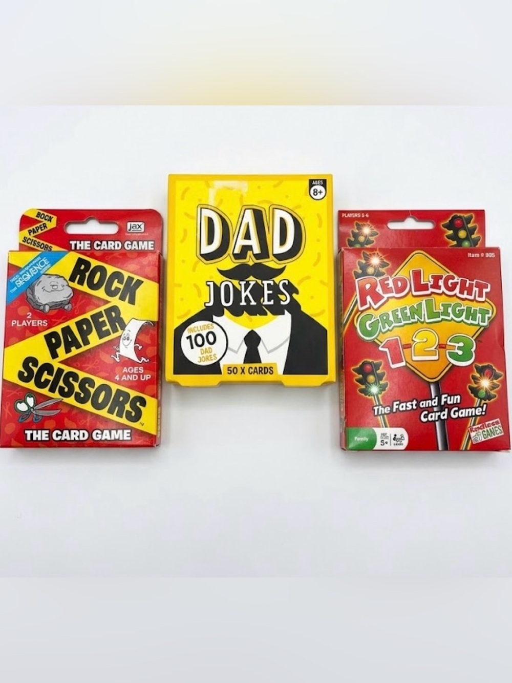 Lot of 3 Card Games Family Dad Jokes Red Light Green Light Rock Paper Scissors